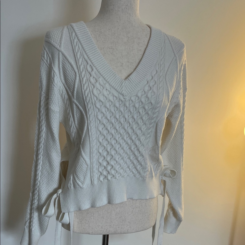 Elegant White Cable Knit Sweater side ties